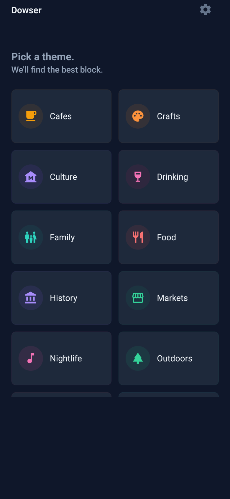 Dowzr theme selection screen
